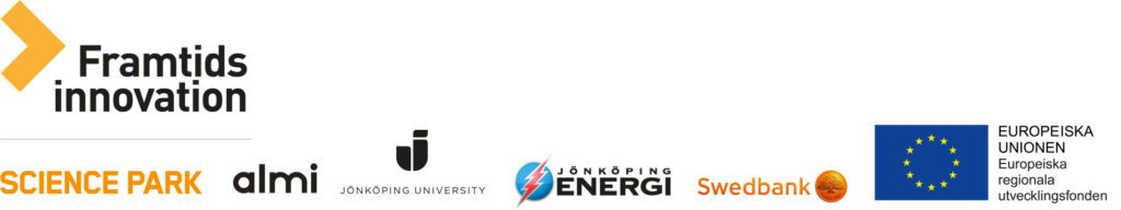 Bilden visar logotyper för projektet Farmtidsinnovation, Science Park, Almi, Jönköping University, Swedbank och Europeiska regionala utvecklingsfonden.
