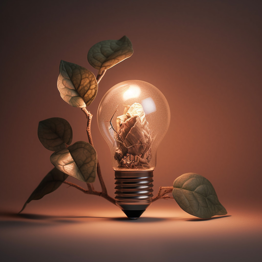 AI-genererad bild av en glödlampa. Inuti glödlampan växer rötter som lyser. Ut ur lampan växer gröna blad.