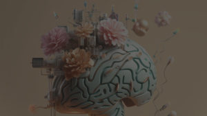AI genererad 3D-rendering av en hjärna. Ur hjärnan växer pastellfärgade blommor och tekniska ting upp.