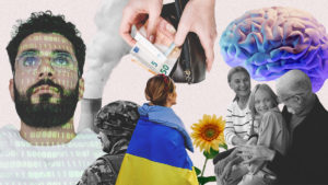 Ett urklippskollage med bilder på människor i olika åldrar, en hjärna, pengar, en solros och en kvinna med Ukrainas flagga över axlarna.
