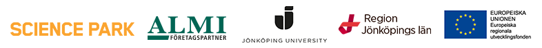 Ett bildkollage som visar logotyperna för Science Park, Almi, Jönköping University, Region Jönköpings län och Europeiska regionala utvecklingsfonden.