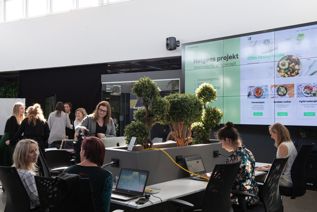 Flera kvinnor sitter vid datorer i en stor, ljus lokal. På en skärm syns delar av ett utbildningsmaterial för en kodutbildning. 
