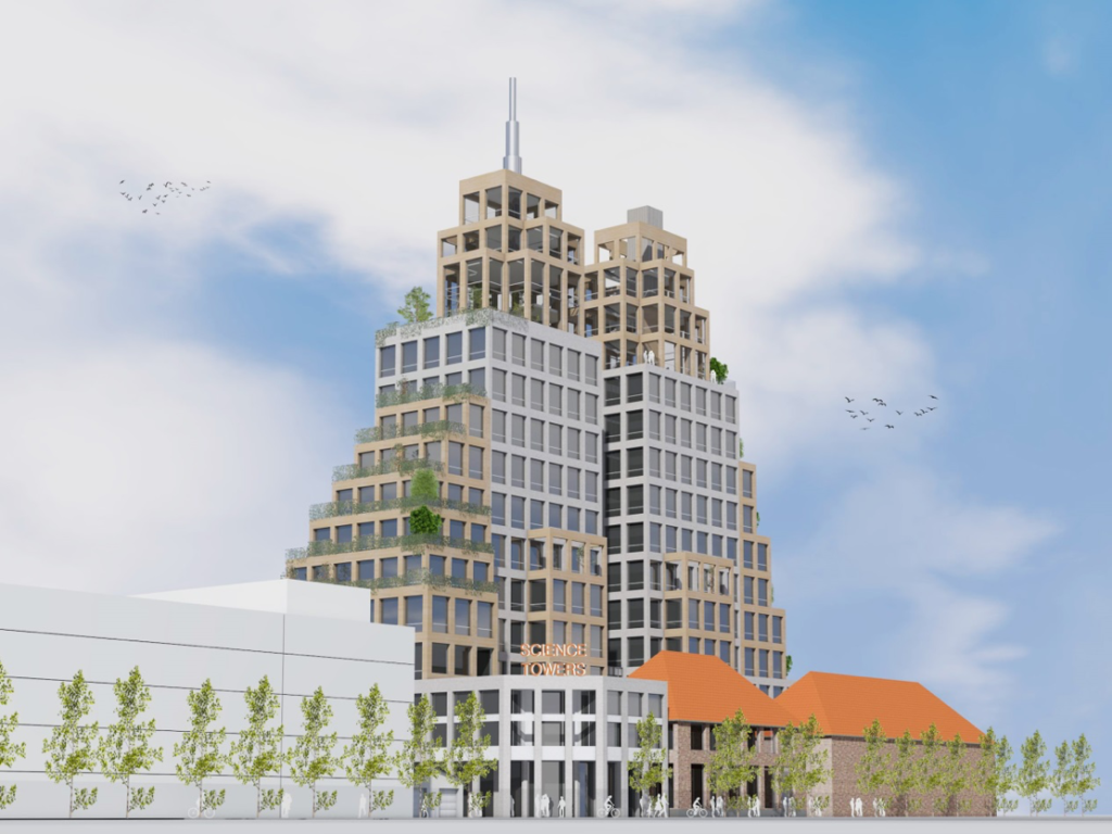 En skiss på hur utbygganden av Science Park I Jönköping kan komma ut se ut. Utbyggnaden är en ny fastighet i form av två torn i pyramidform.