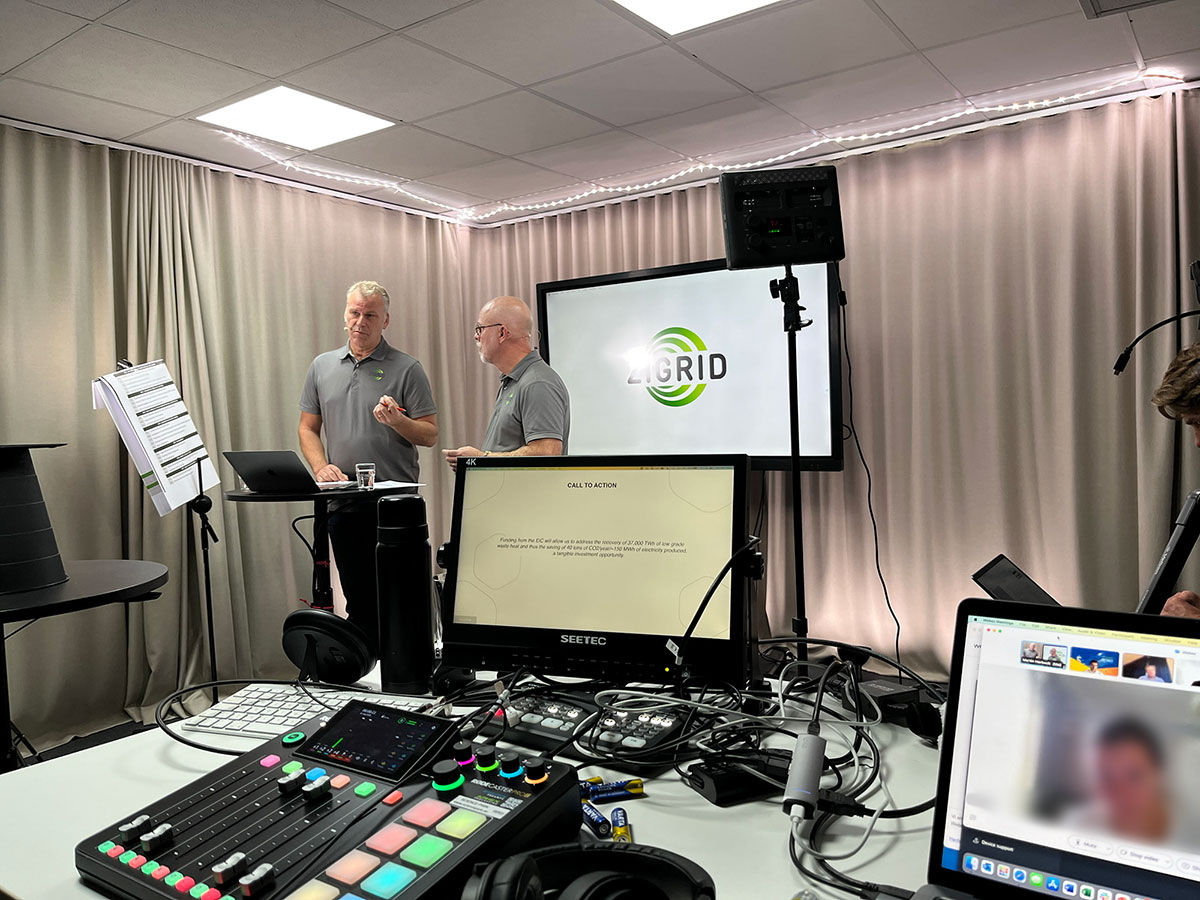 Håkan Wahlgren och Lars Birging står i en studio. på en skärm bakom dem syns företaget Zigrids logotyp.