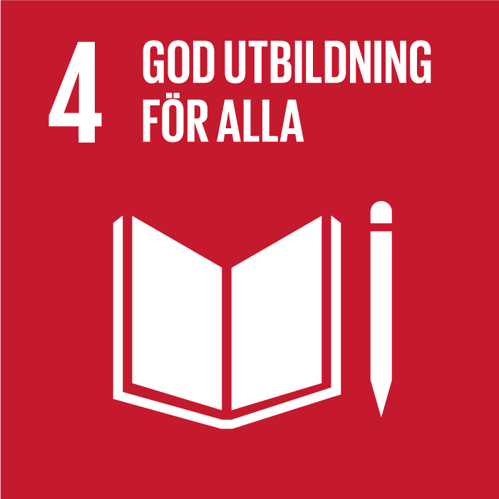 En ikon som visar det fjärde av FN:s globala mål som innebär "god utbildning för alla".