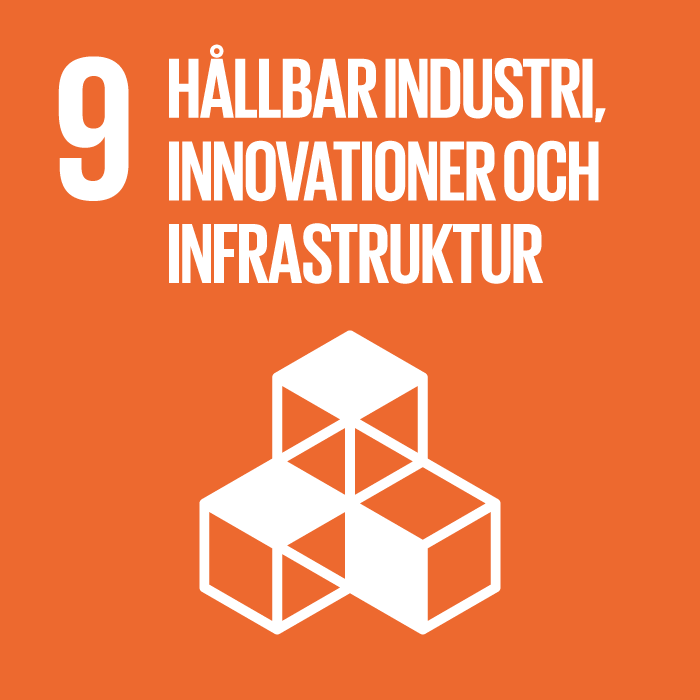 En ikon som visar det nionde av FN:s globala mål som innebär "hållbar industri, innovationer och infrastruktur".