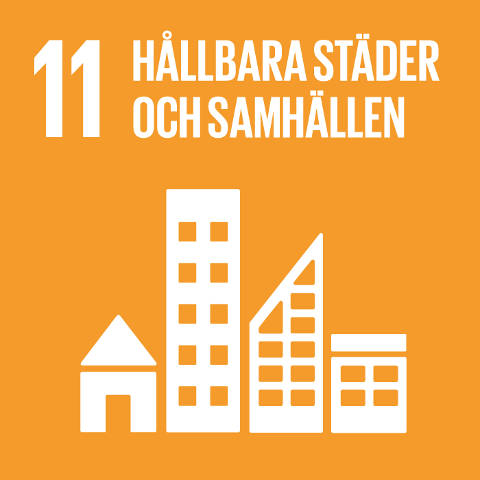 En ikon som visar det elfte av FN:s globala mål som innebär "hållbara städer och samhällen".