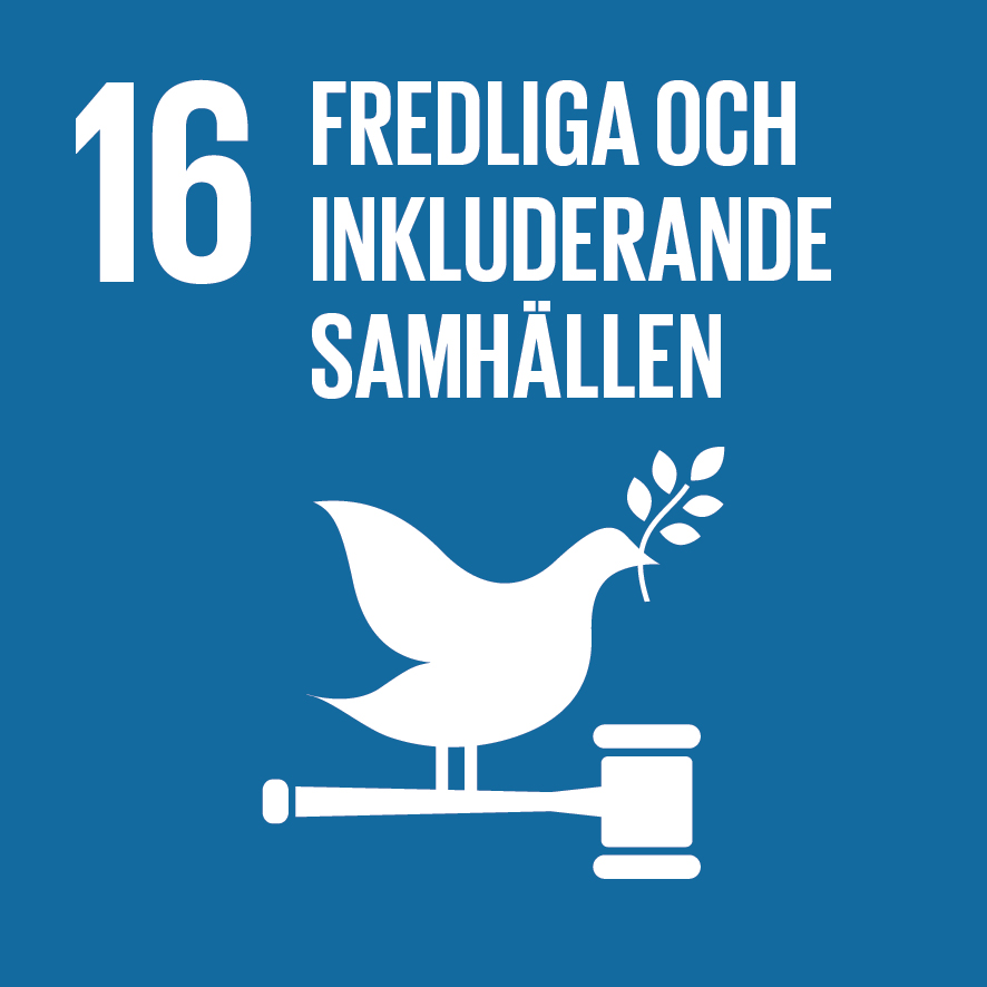 En ikon som visar det sextonde av FN:s globala mål som innebär "fredliga och inkluderande samhällen".