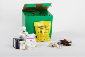 Ett foto som visar en läkemedelsbox från företaget Recaremed som hanterar överblivet läkemedel.